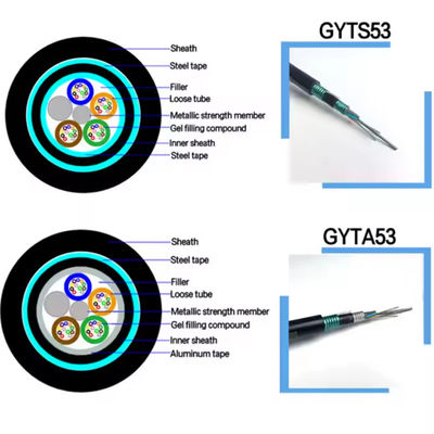Dış kanal GYTS53 24 36 48 96 çekirdek zırhlı fiber optik kablo